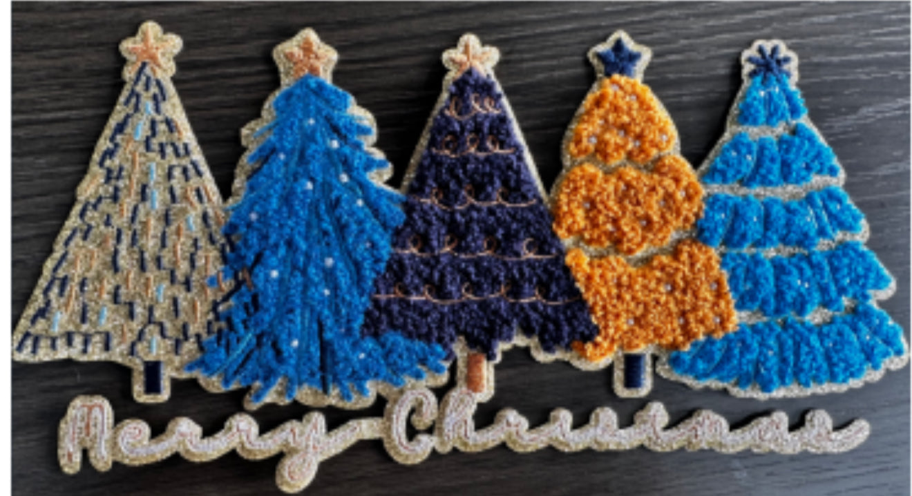 Merry Christmas Chenille Patch – Blue & Gold Christmas Trees Applique, Holiday Sweatshirt Patch, Festive Iron On Embroidered Patch Preorder