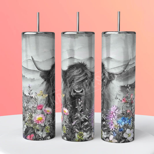 Highland cow in a field of flowers 20oz Tumbler
