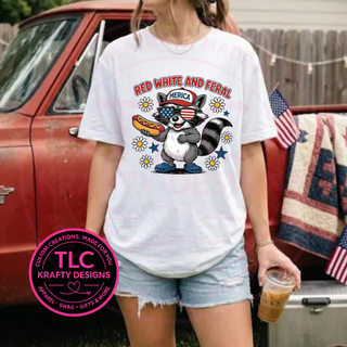 Red White & Feral Raccoon Design - Patriotic Summer Apparel