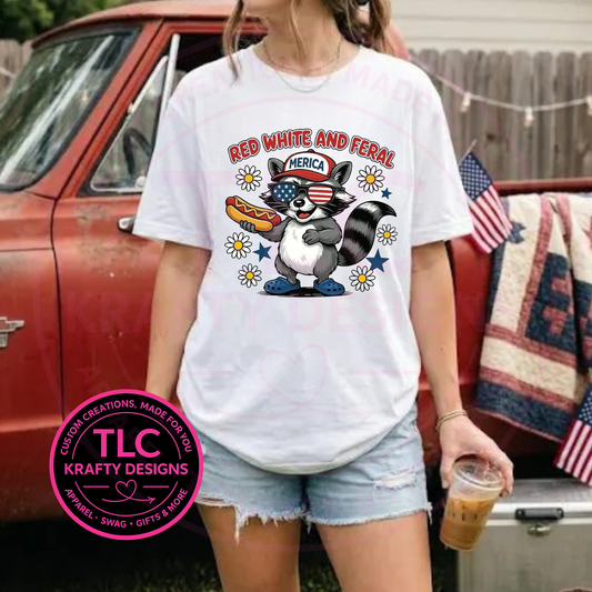 Red White & Feral Raccoon Design - Patriotic Summer Apparel