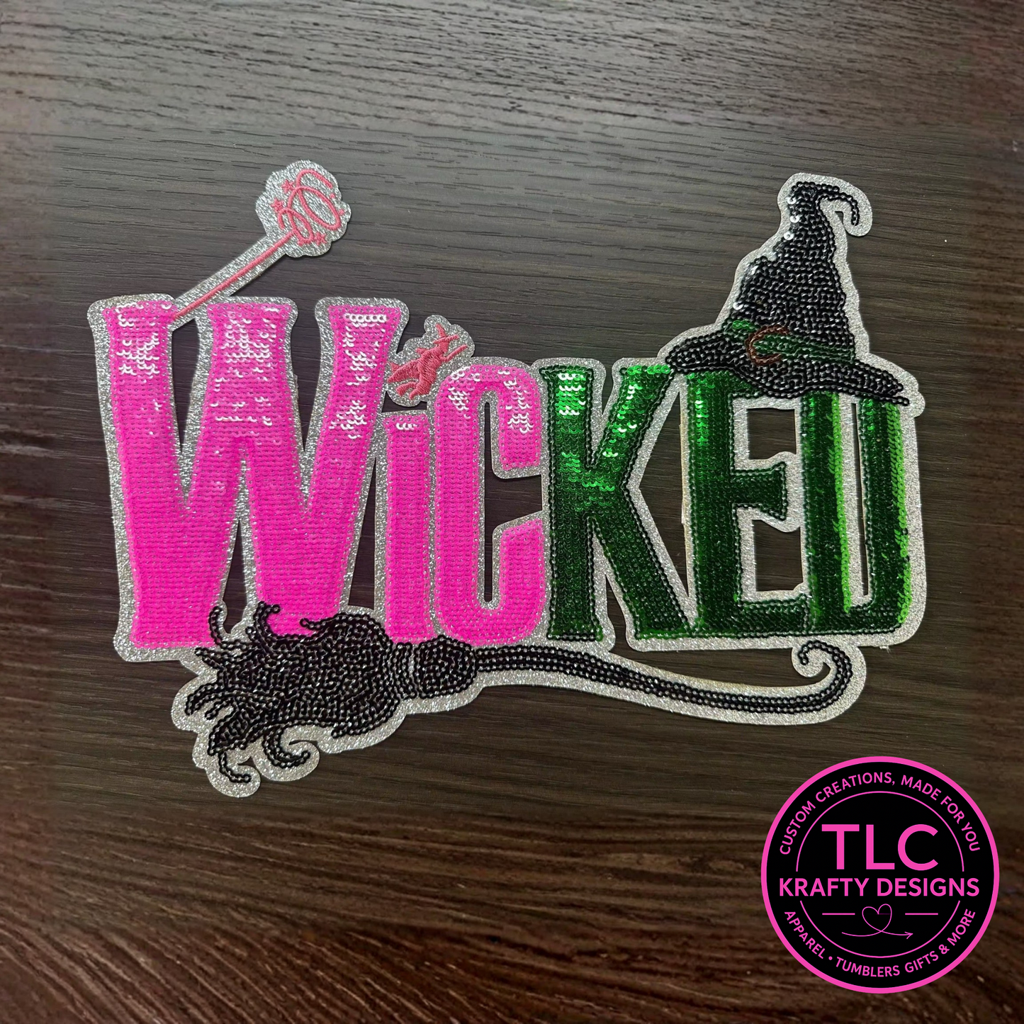 XL WICKED Sequin Patch Wand, Broom and Hat Detail – Hot Pink and Green Sparkly Iron-On / Sew-On Applique CK