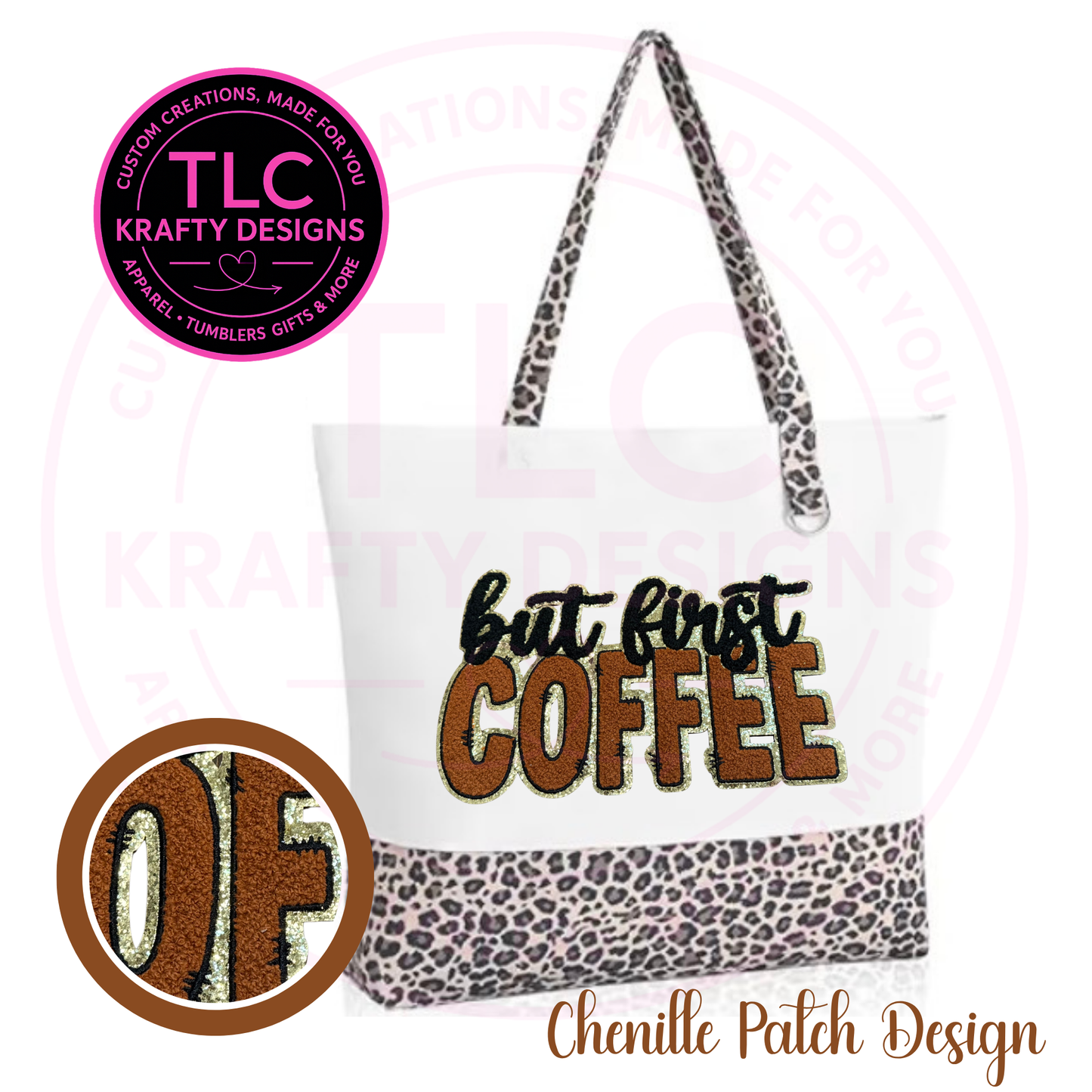 But First Coffee Chenille Patch Canvas Tote Bag