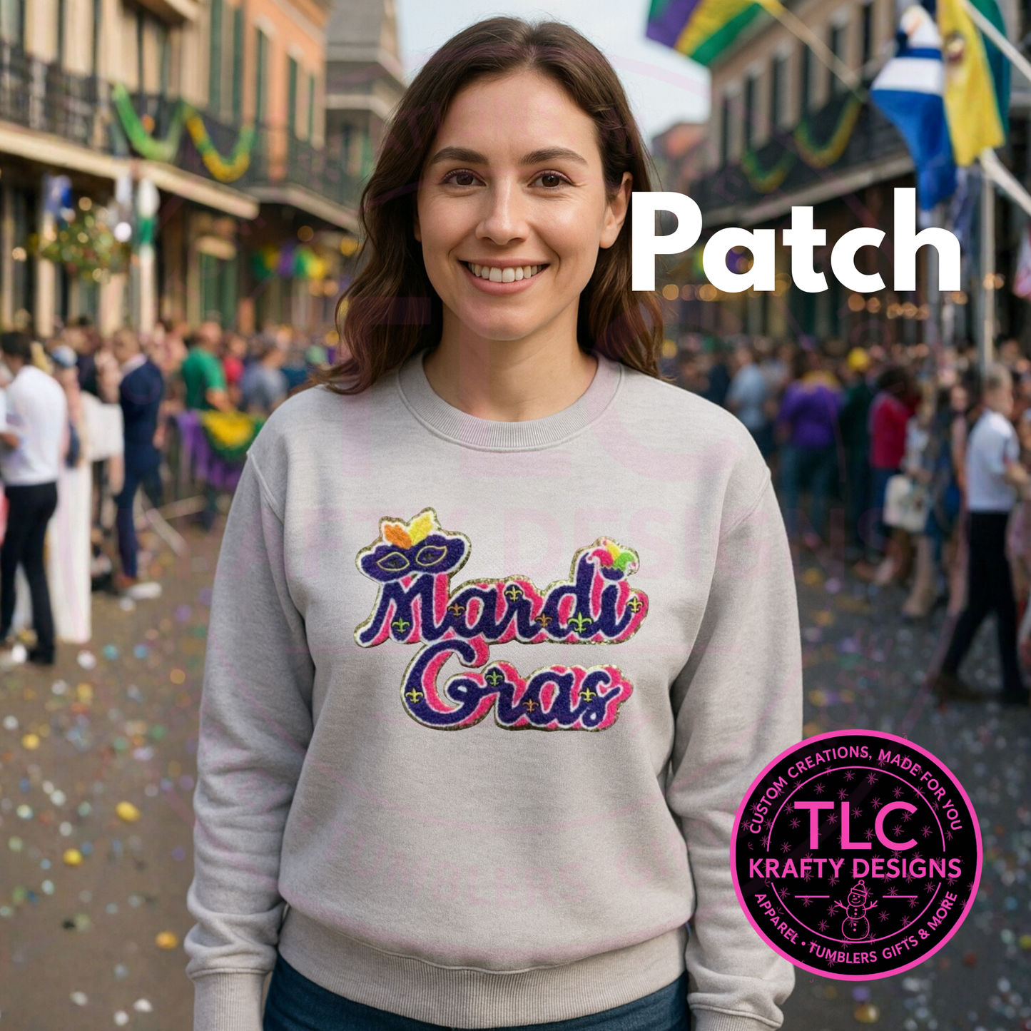 Mardi Gras Patch Sweatshirt – Festive Purple, Green & Gold Chenille Text Patch