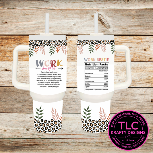 Work Bestie Tumbler – Funny Coworker Gift, Work Bestie Mug with Nutrition Facts & Definition, Leopard Print Floral 40oz