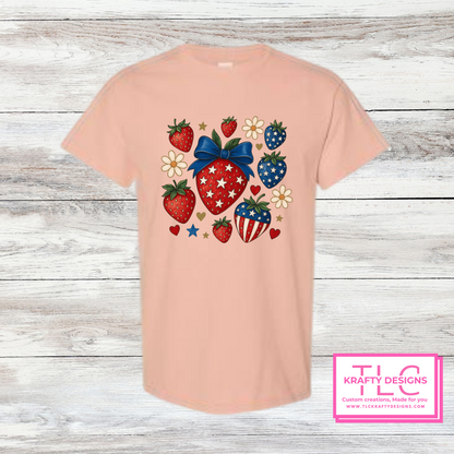 Patriotic Strawberry Tee – Red, White & Blue Summer Style