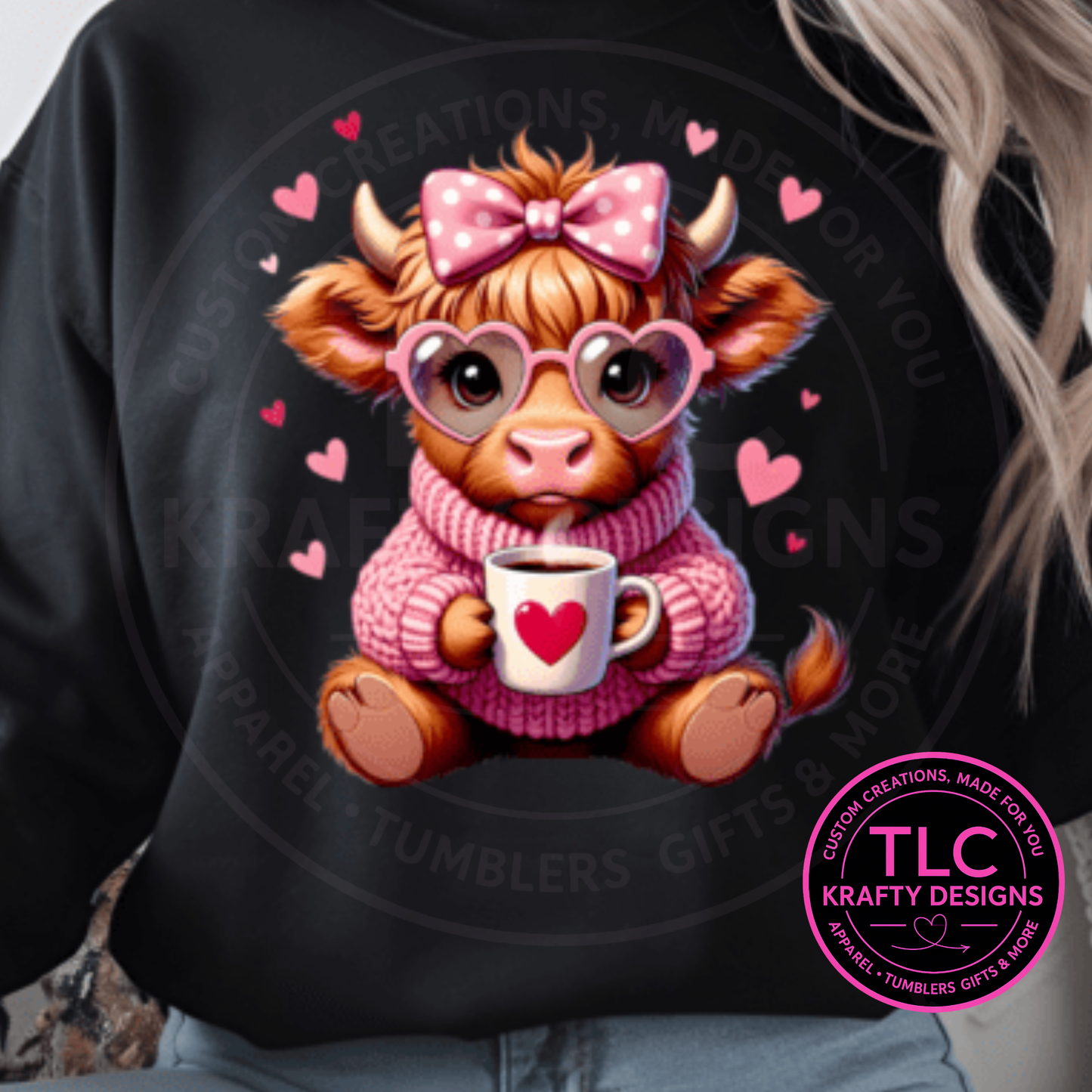 Valentine Highland Cow Shirt or Sweatshirt – Pink Cow Coffee Heart Valentine’s Day Apparel
