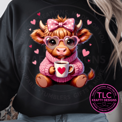 Valentine Highland Cow Shirt or Sweatshirt – Pink Cow Coffee Heart Valentine’s Day Apparel