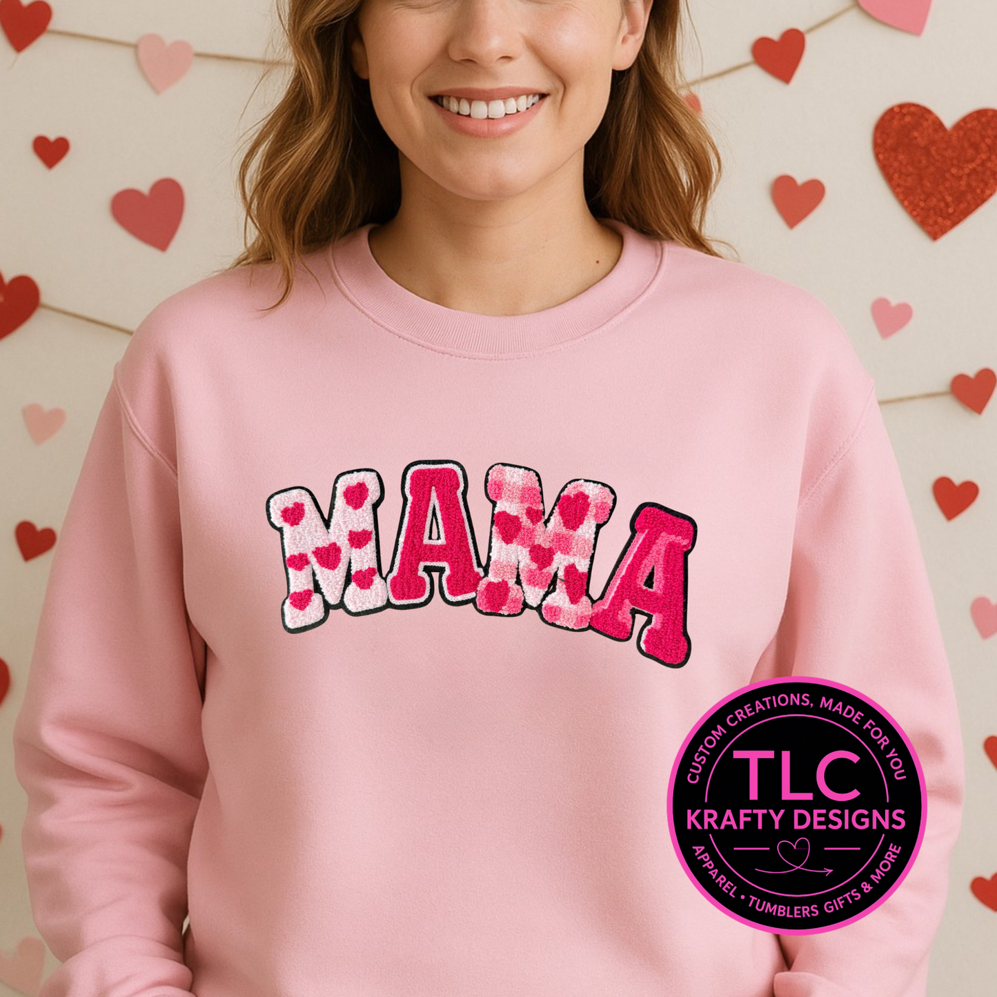 MAMA Valentine Pink Hearts Patch Shirt or Sweatshirt - Valentine's Day Apparel CK