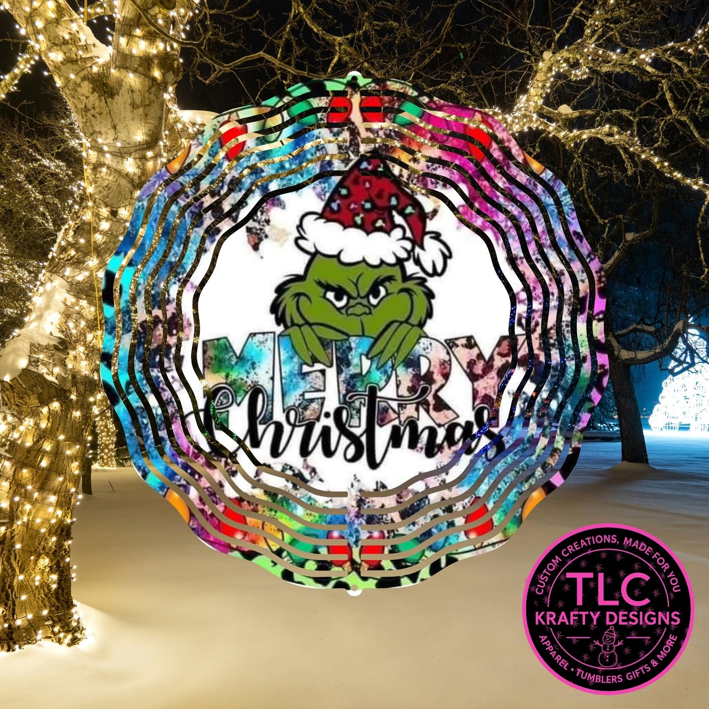 Leopard Print Grinch 10” Wind Spinner – Festive Christmas Sublimated Metal Yard Décor CK