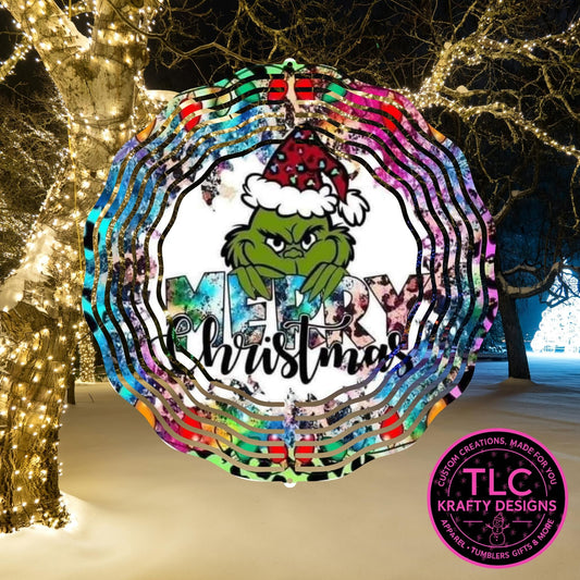 Leopard Print Grinch 10” Wind Spinner – Festive Christmas Sublimated Metal Yard Décor CK