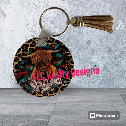 Highland Cow with a western background Keychain with Tassel