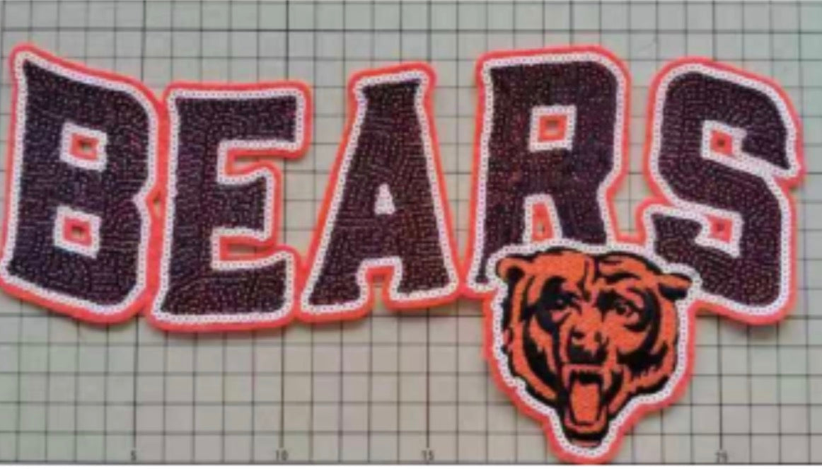 XL Bears Chenille Patch – Oversized Iron On Football Patch | Black Orange Team Spirit Appliqué | Jacket Sweatshirt Patch