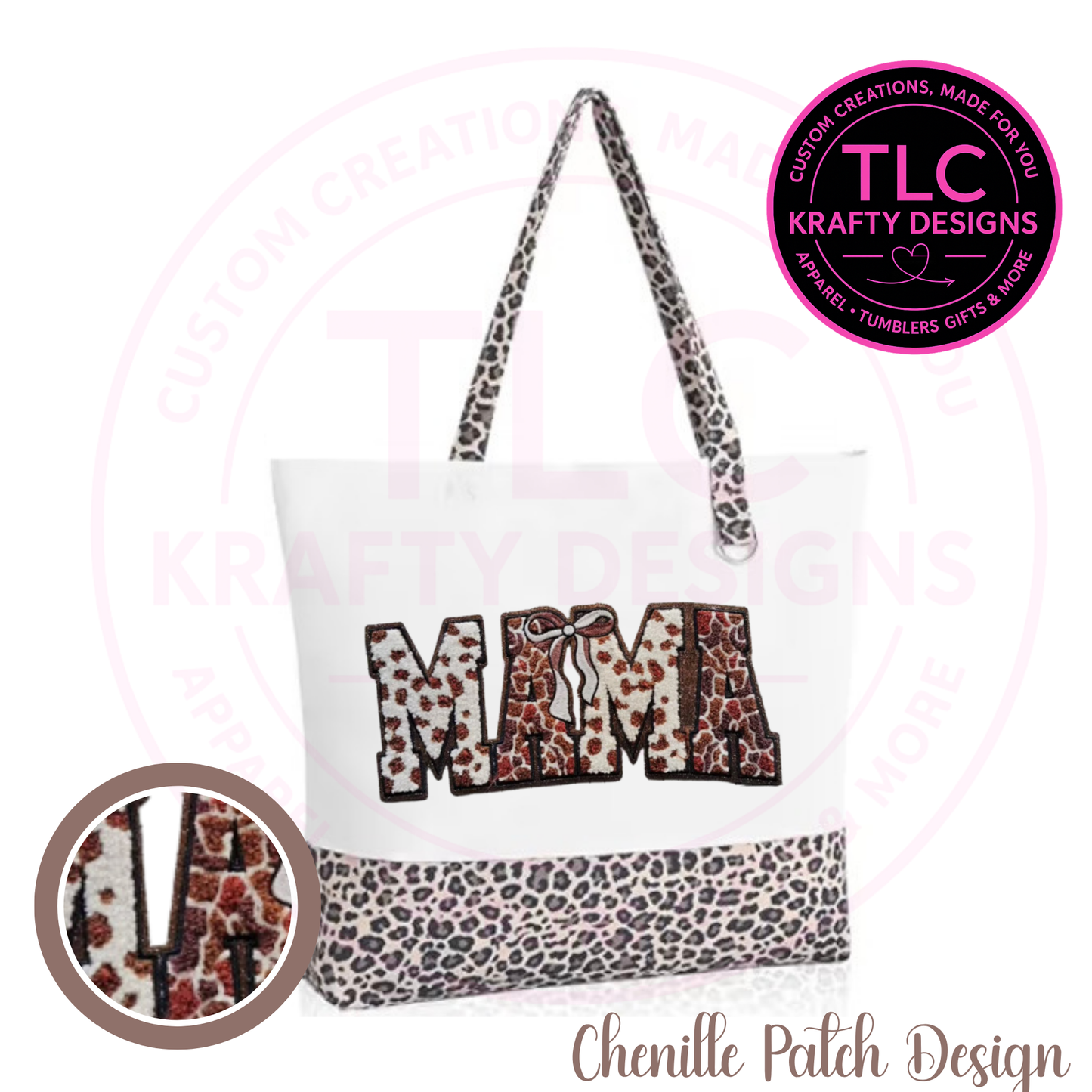 Leopard Print MAMA Chenille Patch Canvas Tote Bag