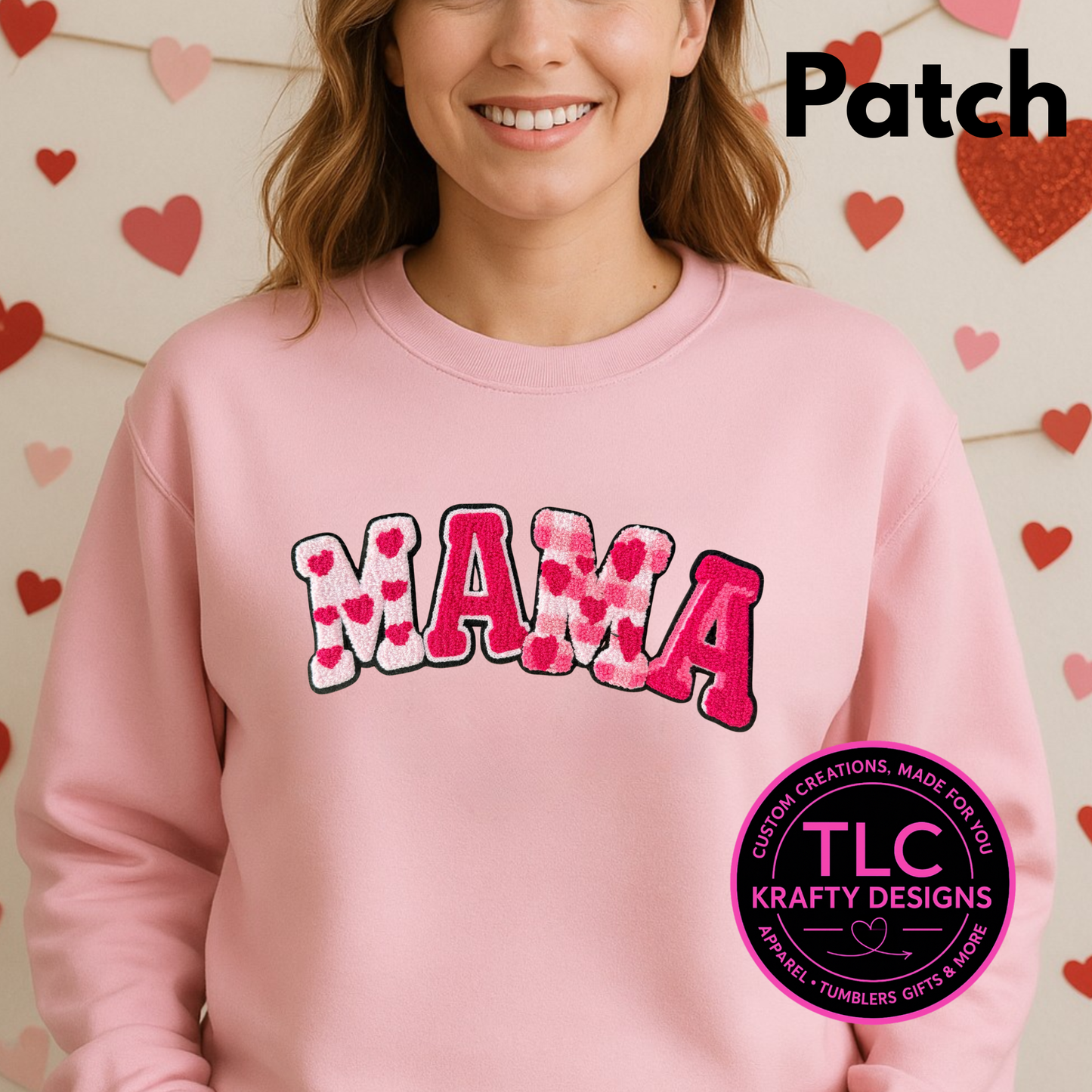 MAMA Valentine Pink Heart Chenille Patch - Valentine's Day Patch CK