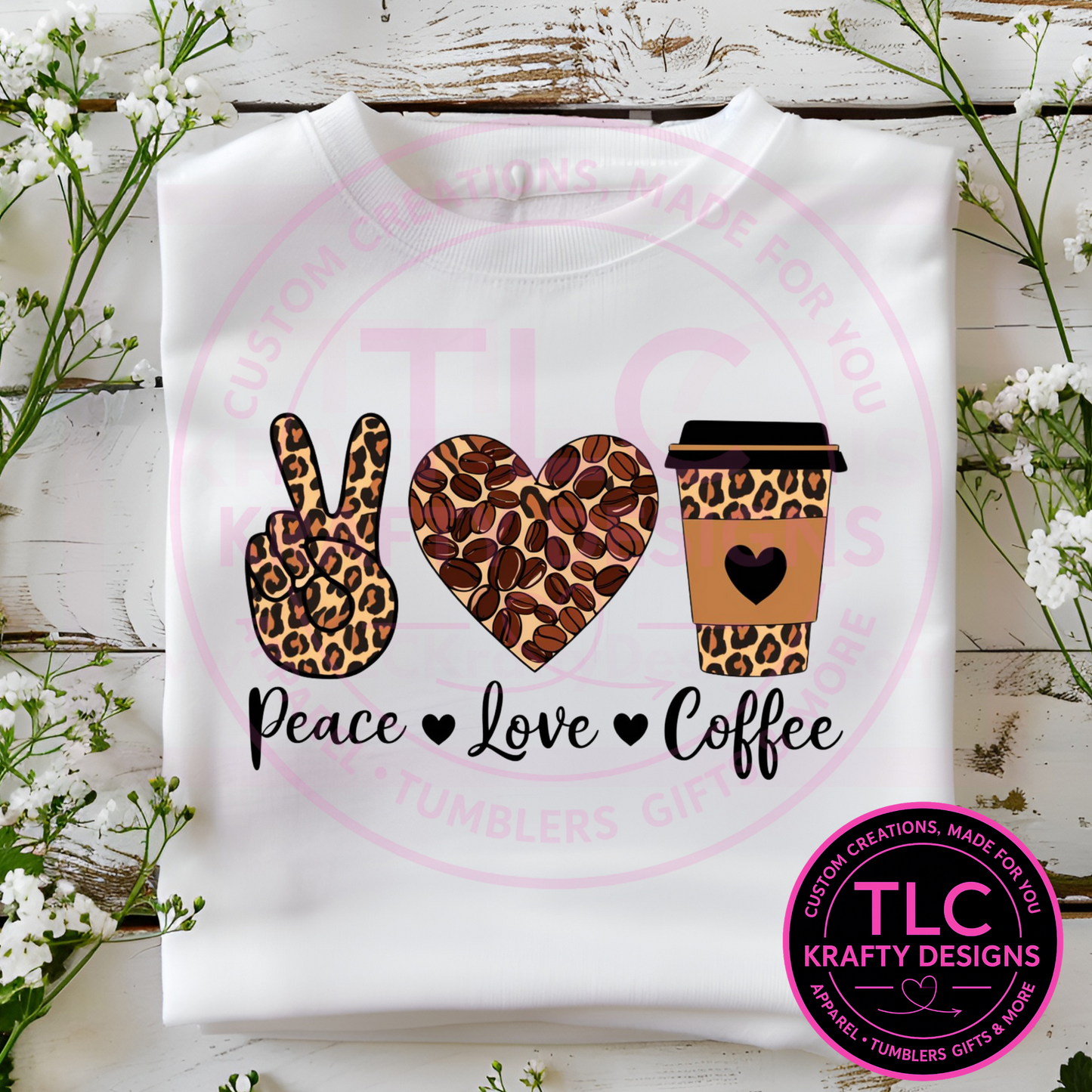 Peace Love Coffee Sweatshirt – Leopard Print Coffee Bean Graphic Pullover