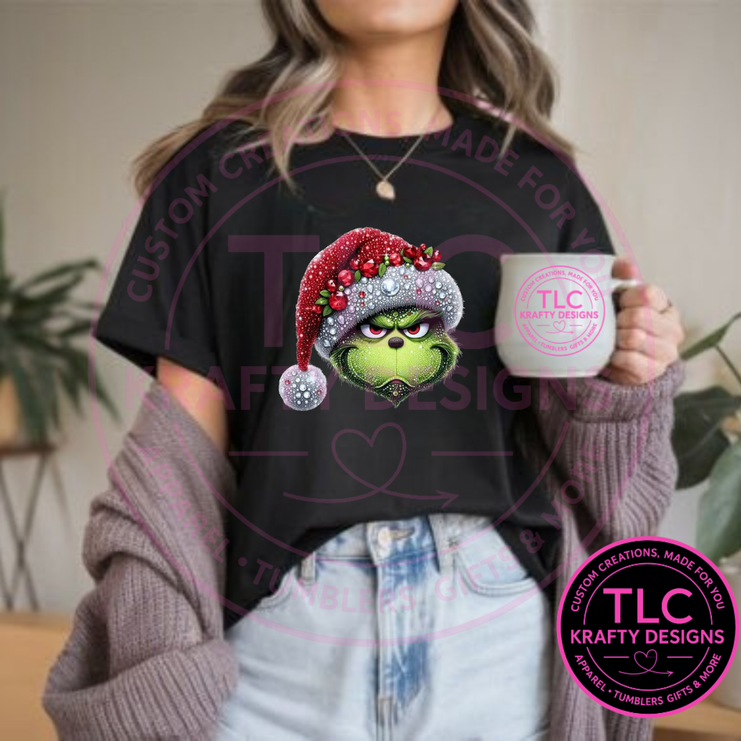 Sparkle-Look Grinch Face T-Shirt - Festive Christmas Long or Short Sleeve Tee CK