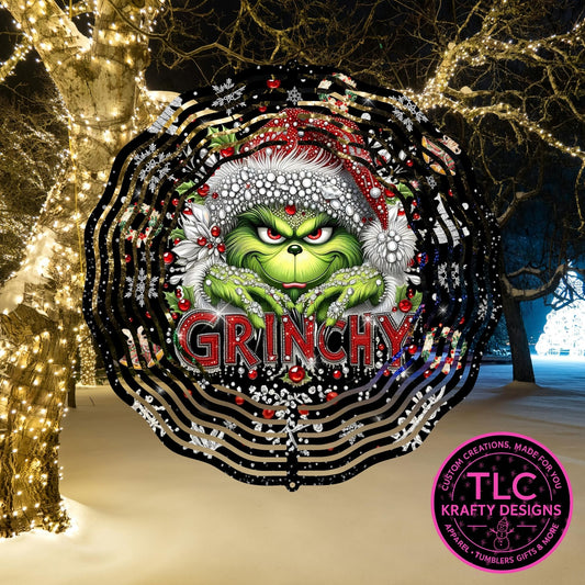 Bedazzled Look Grinchy 10” Wind Spinner – Festive Christmas Sublimated Metal Yard Décor CK