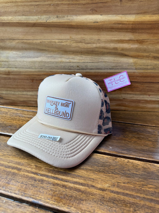 Whiskey Bent & Hellbound Trucker Hat – Tan Front with Leopard Mesh Back