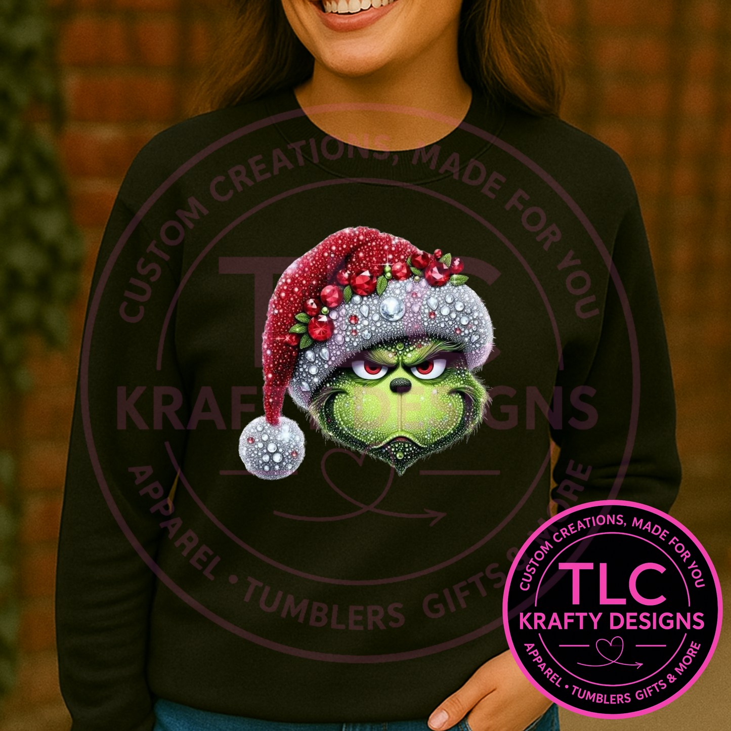Sparkle-Look Grinch Face Sweatshirt - Festive Christmas Crew Neck or Hoodie CK