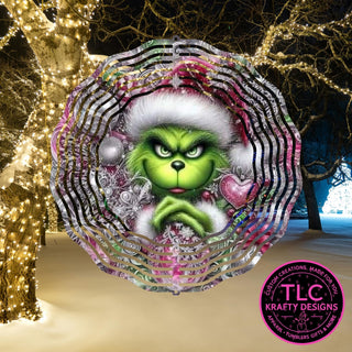 Pink and Silver Grinch 10” Wind Spinner – Festive Christmas Sublimated Metal Yard Décor CK