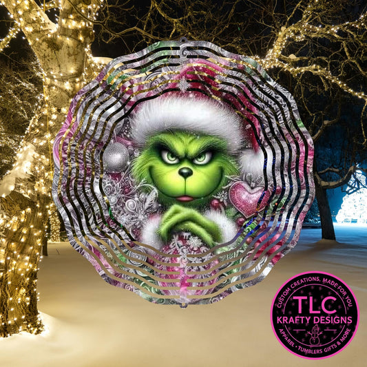 Pink and Silver Grinch 10” Wind Spinner – Festive Christmas Sublimated Metal Yard Décor CK
