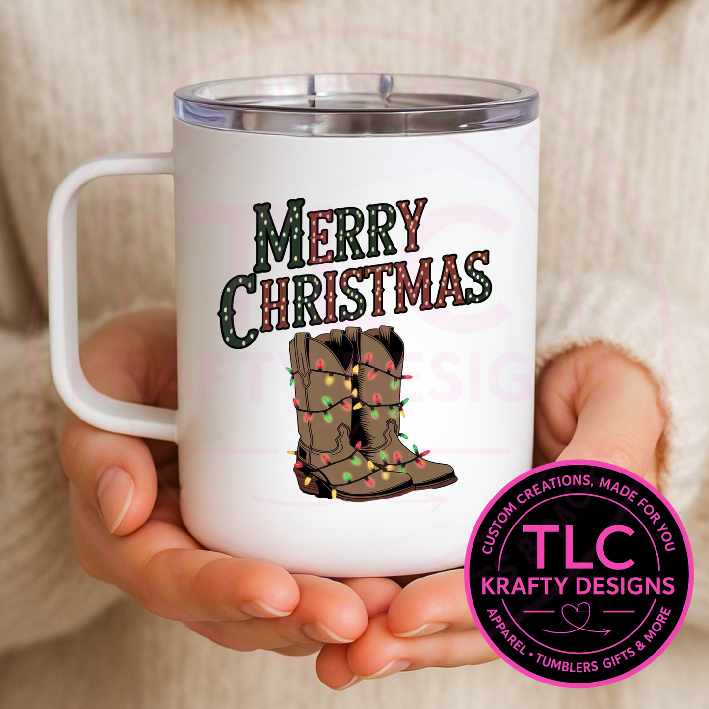 Merry Christmas Mug – 12oz Travel Mug with Lid, Cowboy Boots Holiday Coffee Cup