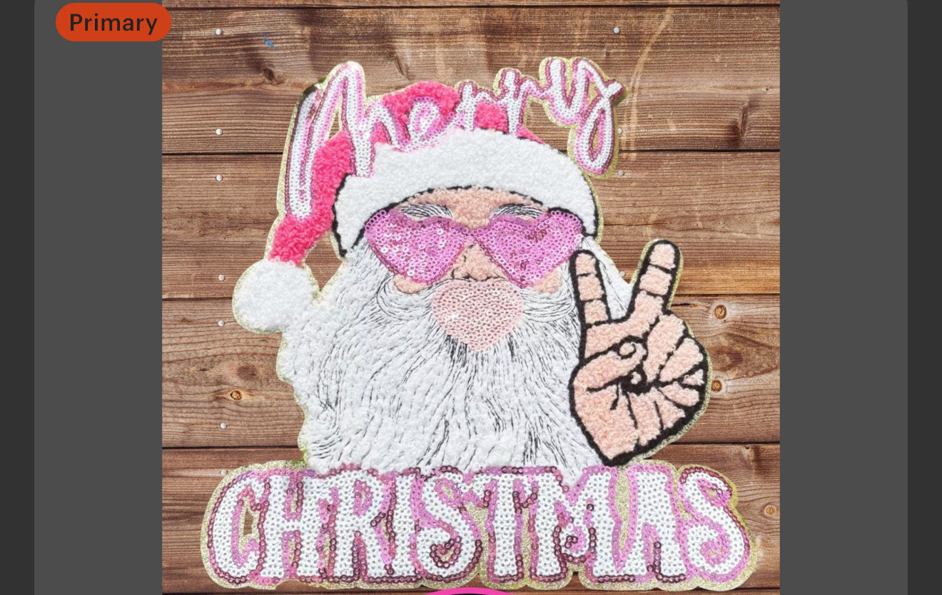XL Peace & Love Santa Chenille Patch – Pink Sequin Merry Christmas Iron-On / Sew-On Appliqué