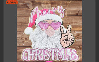XL Peace & Love Santa Chenille Patch – Pink Sequin Merry Christmas Iron-On / Sew-On Appliqué
