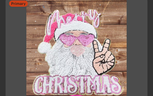 XL Peace & Love Santa Chenille Patch – Pink Sequin Merry Christmas Iron-On / Sew-On Appliqué