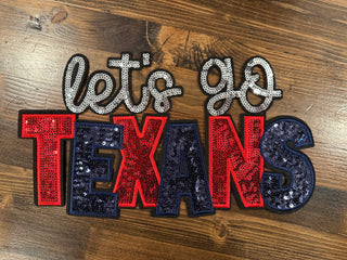 Let’s Go Texans XL Iron On Patch | Football Spirit Chenille Patch | Red White Blue Sports Patch | Game Day Jacket Sweatshirt Patch