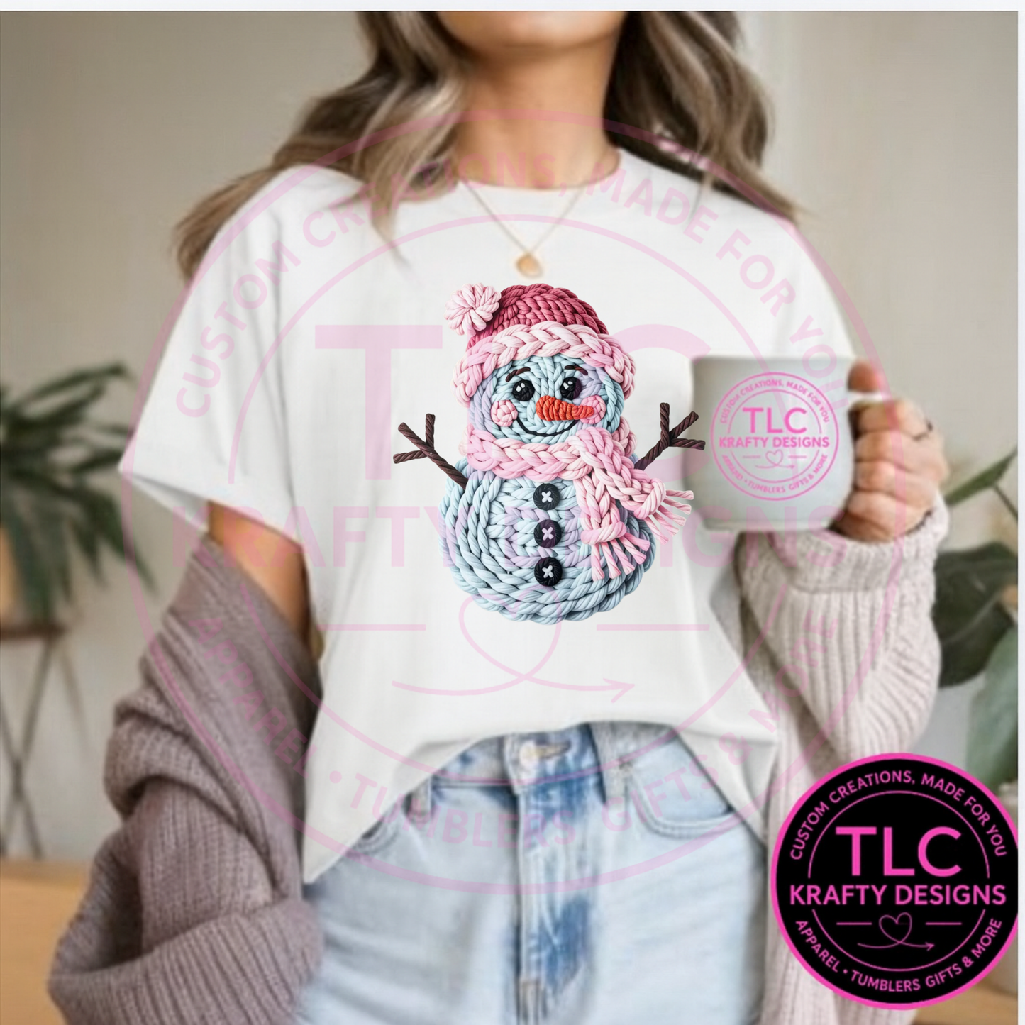 Cozy Knit Look Snowman T-Shirt - Festive Winter Long or Short Sleeve Tee CK