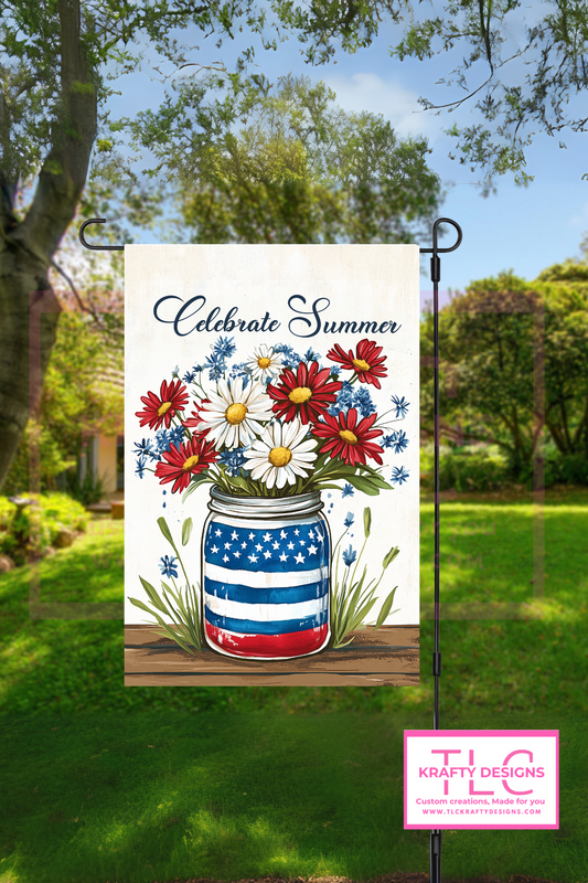 Celebrate Summer Garden Flag – Patriotic Wildflowers in Mason Jar Outdoor Banner