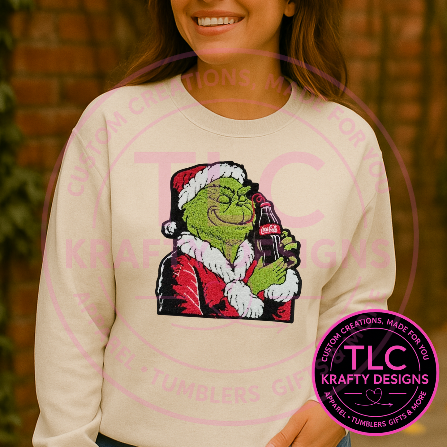 PREORDER XL Santa Grinchy Holding Soda Chenille Patch – Festive Holiday Iron-On / Sew-On Applique CK