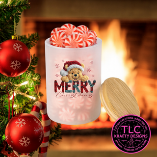 Merry Christmas Yarn-Look Snuggly Bear 10oz Frosted Glass Candle or Trinket Holder with Bamboo Lid CK
