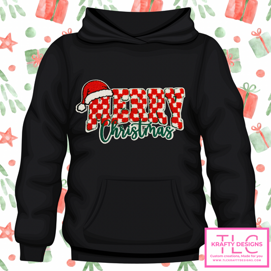 🎅 MERRY Christmas Hoodie – Red Checkered Chenille Patch with Santa Hat (S–4XL)