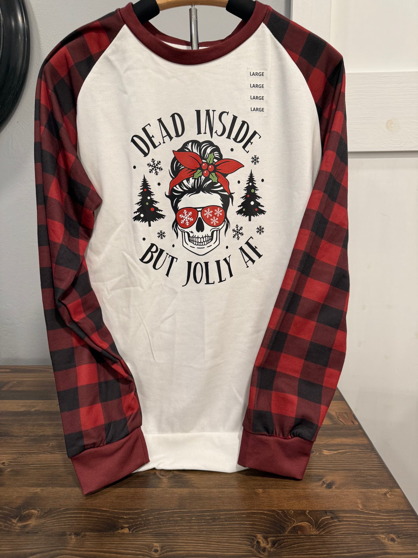 Dead Inside But Jolly AF Raglan Top – Red Buffalo Plaid Christmas Top