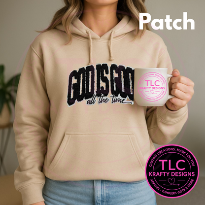 XL God is Good All the Time Chenille Patch – White Chenille with Gold Glitter Outline Iron-On