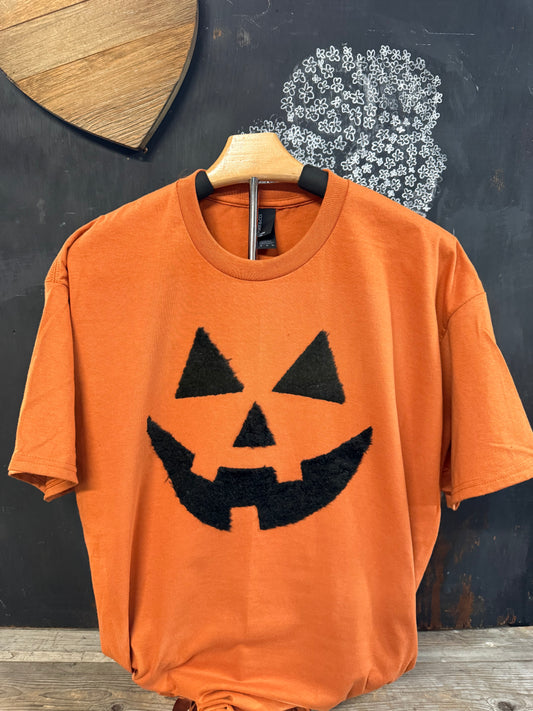 Fuzzy Jack O’ Lantern T-Shirt or Sweatshirt – Halloween Pumpkin Face Apparel