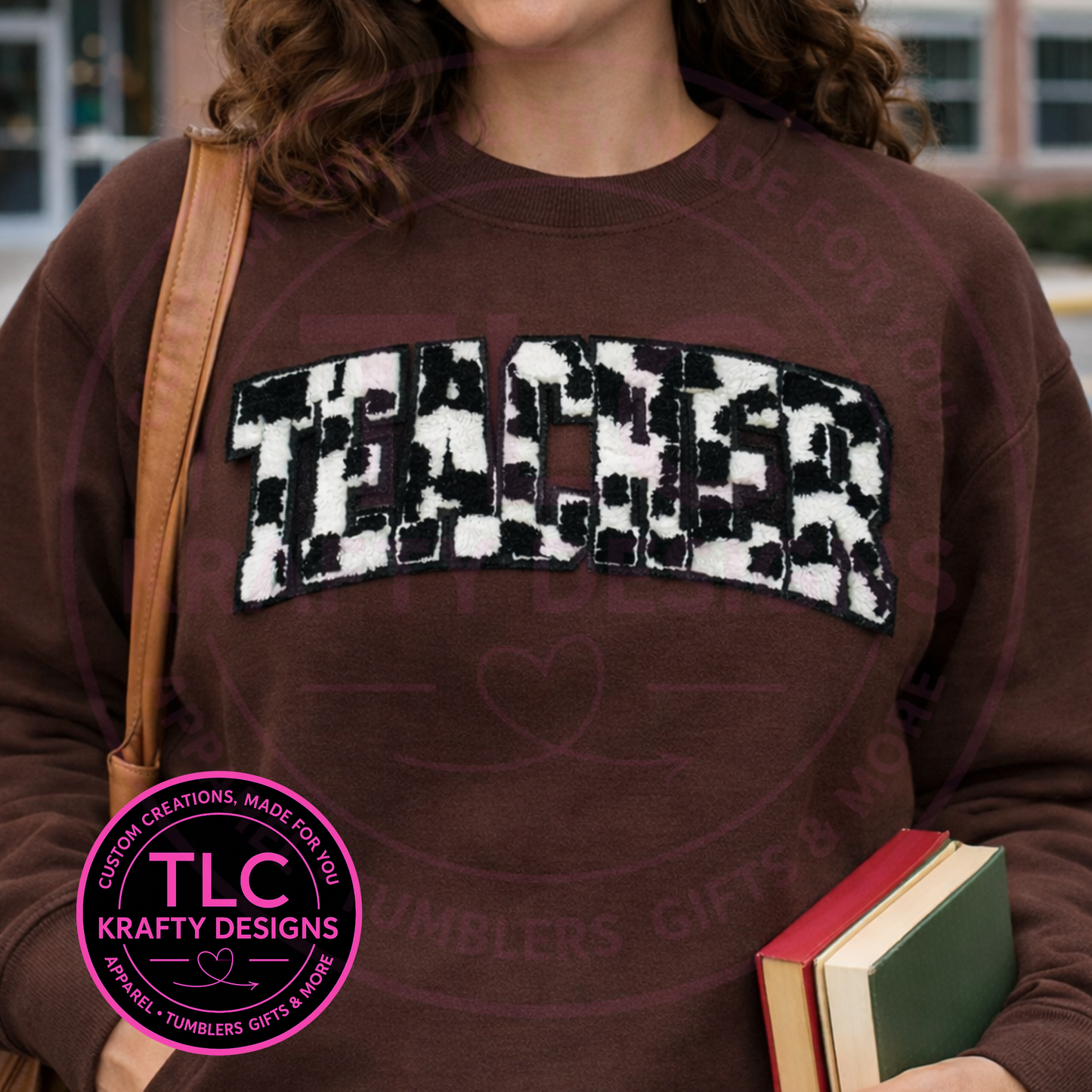 Cow Print TEACHER Chenille Patch Sweatshirt or Hoodie