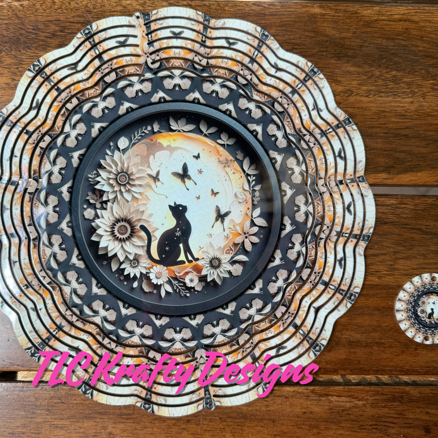 Black Cat & Moon 10” Wind Spinner – Floral Metal Garden Spinner