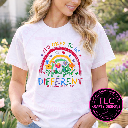 It's Okay To Be Different Autism Awareness Apparel - Rainbow Flower Design