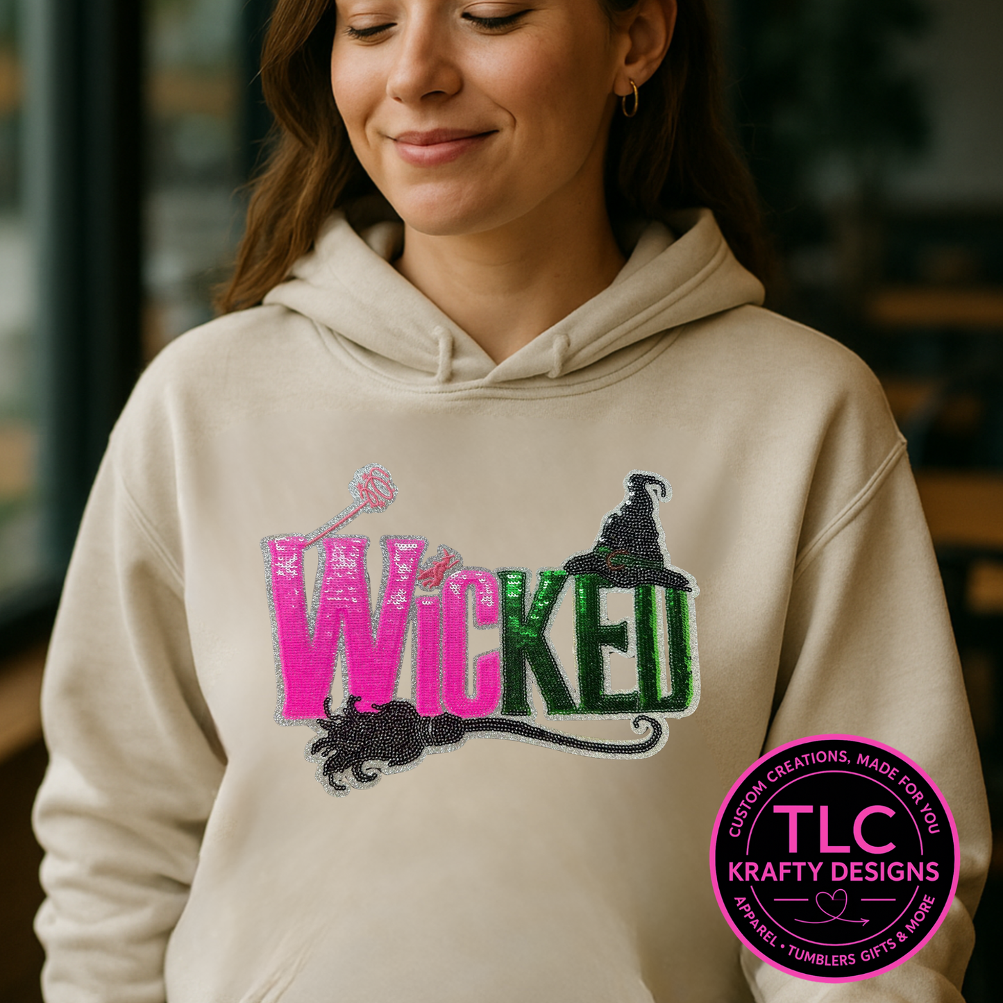 XL WICKED Sequin Patch Wand, Broom and Hat Detail – Hot Pink and Green Sparkly Iron-On / Sew-On Applique CK