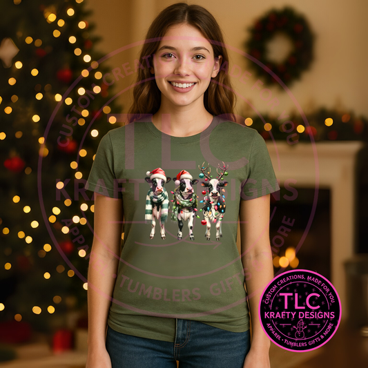 Christmas Cows T-Shirt - Festive Holiday Short or Long Sleeve Tee with Santa Hats & Lights