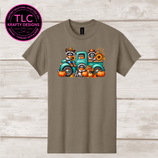 Raccoon Trio Fall Truck Tee - Autumn Essentials Apparel