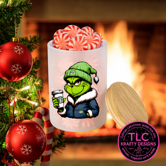 Seattle Football Green Man 10oz Frosted Glass Candle or Trinket Holder with Bamboo Lid CK