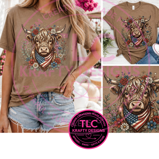 Patriotic Highland Cow Floral Design T-Shirt - Ready To Ship