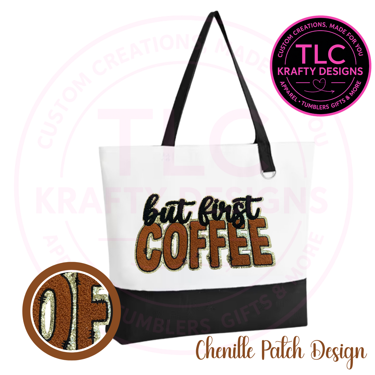 But First Coffee Chenille Patch Canvas Tote Bag