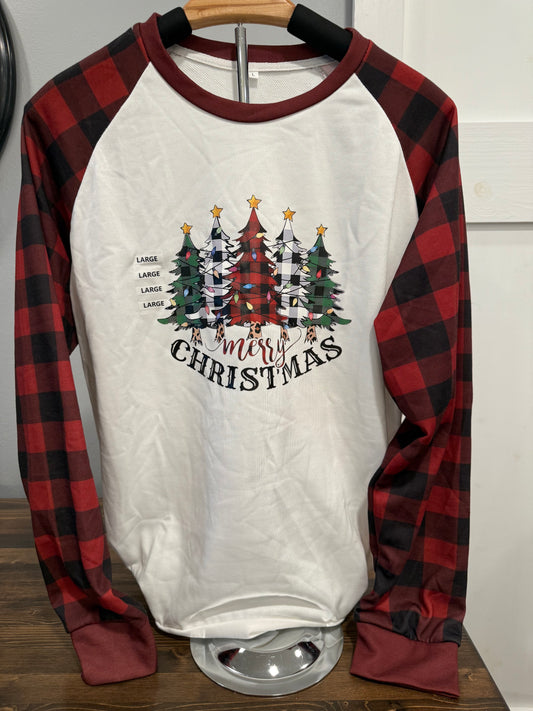 Merry Christmas Trees Raglan Top – Red Buffalo Plaid Holiday Top