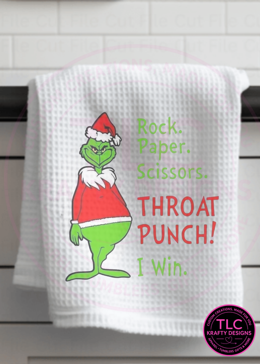Throat Punch Towel – Rock Paper Scissors Funny Christmas Kitchen Décor 🎄😂