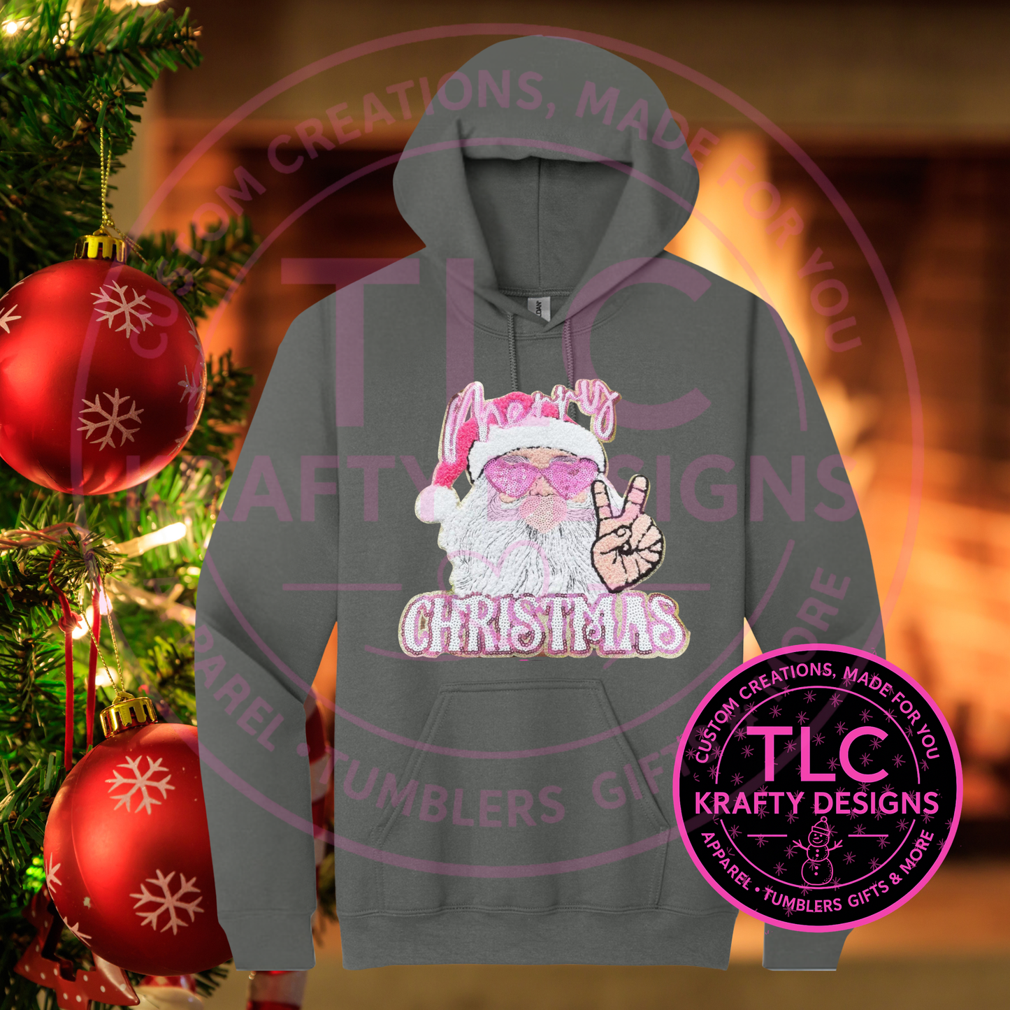 XL Peace & Love Santa Chenille Patch – Pink Sequin Merry Christmas Iron-On / Sew-On Appliqué